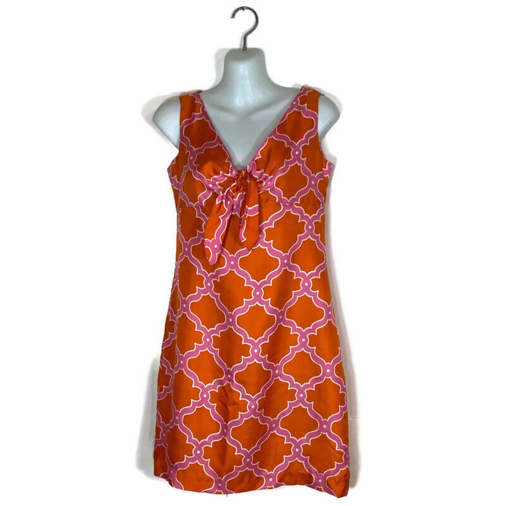 Skirtin Around Sz 2 Silk Sheath Dress Lined Pink Orange Tie Front Retro 60s